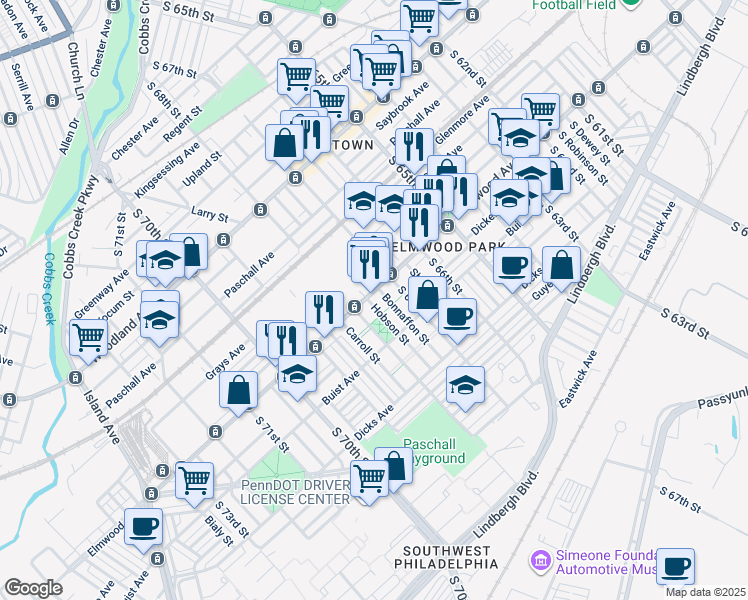 map of restaurants, bars, coffee shops, grocery stores, and more near 2505 Hobson Street in Philadelphia