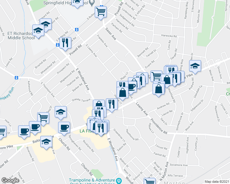 map of restaurants, bars, coffee shops, grocery stores, and more near 513 Philmar Court in Springfield
