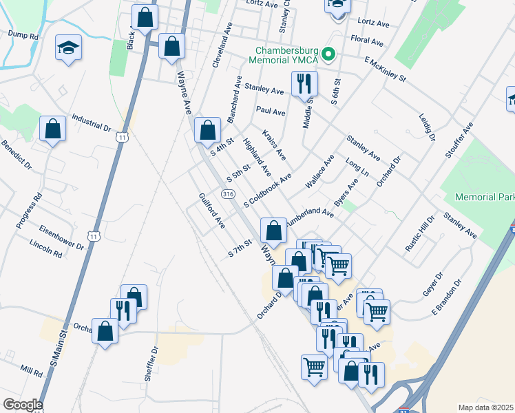 map of restaurants, bars, coffee shops, grocery stores, and more near 610 Cumberland Avenue in Chambersburg