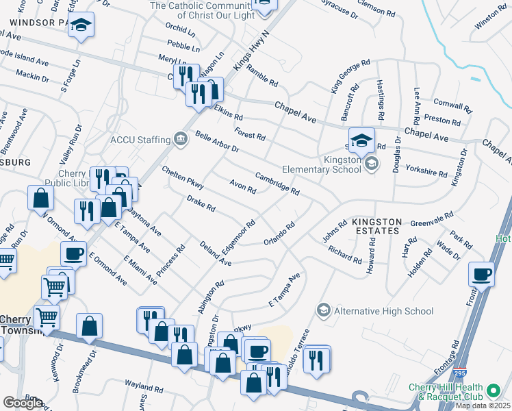 map of restaurants, bars, coffee shops, grocery stores, and more near 225 Chelten Parkway in Cherry Hill