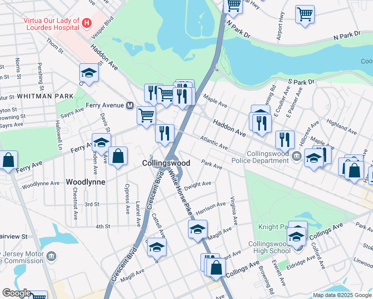 map of restaurants, bars, coffee shops, grocery stores, and more near 111 Park Ave in Collingswood