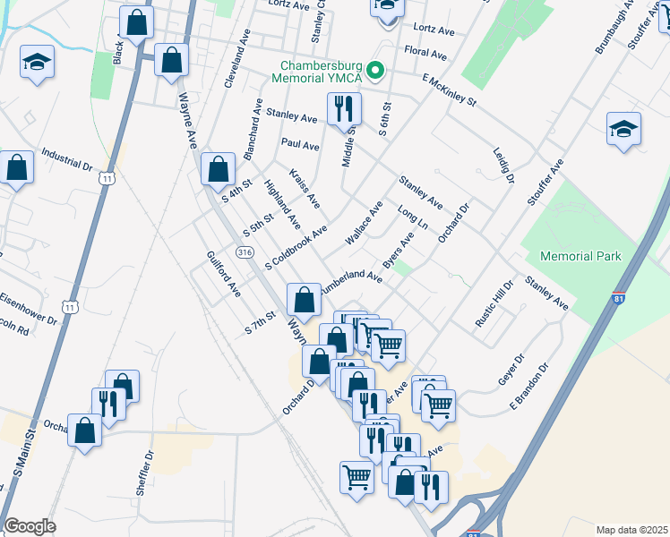 map of restaurants, bars, coffee shops, grocery stores, and more near 727 Highland Avenue in Chambersburg