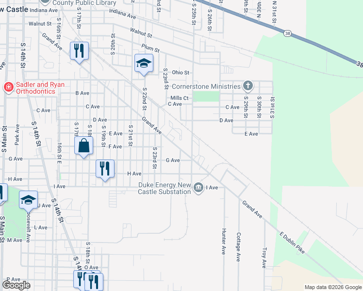 map of restaurants, bars, coffee shops, grocery stores, and more near 2414 Grand Ave in New Castle