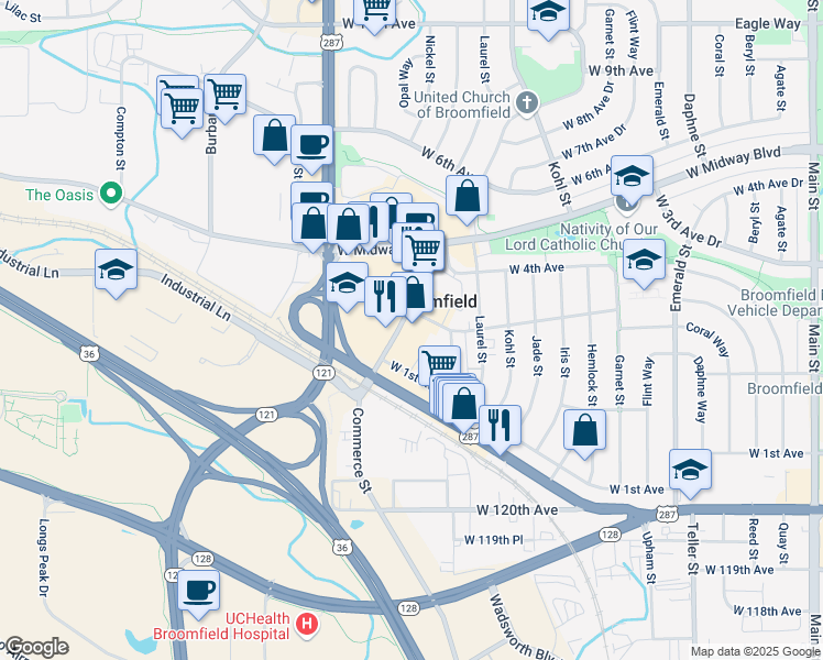 map of restaurants, bars, coffee shops, grocery stores, and more near 265 Marble Street in Broomfield