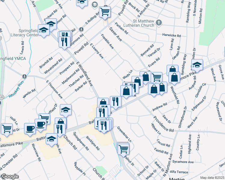 map of restaurants, bars, coffee shops, grocery stores, and more near 508 Philmar Court in Springfield