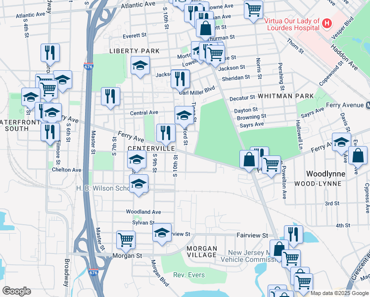 map of restaurants, bars, coffee shops, grocery stores, and more near 1031 Ferry Avenue in Camden
