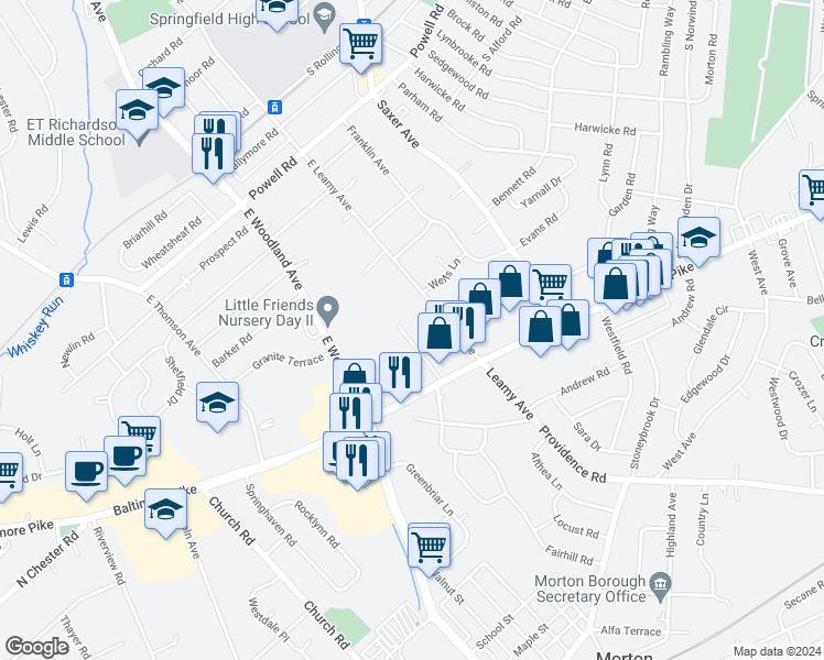 map of restaurants, bars, coffee shops, grocery stores, and more near 513 Philmar Court in Springfield