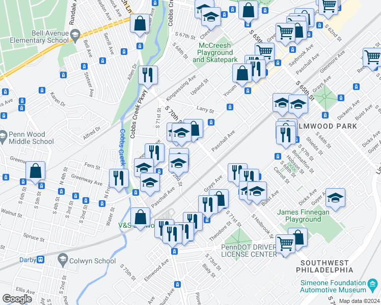 map of restaurants, bars, coffee shops, grocery stores, and more near 7029 Saybrook Avenue in Philadelphia