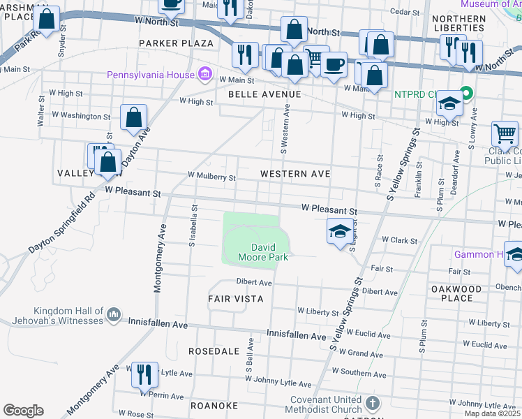 map of restaurants, bars, coffee shops, grocery stores, and more near 1027 West Pleasant Street in Springfield