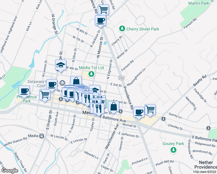 map of restaurants, bars, coffee shops, grocery stores, and more near 217 North Edgmont Street in Media