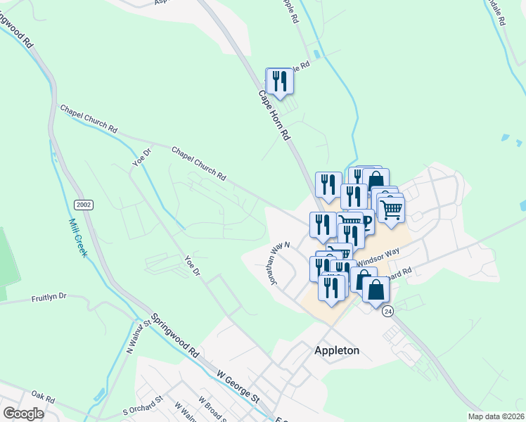 map of restaurants, bars, coffee shops, grocery stores, and more near 622 Chapel Church Road in Red Lion