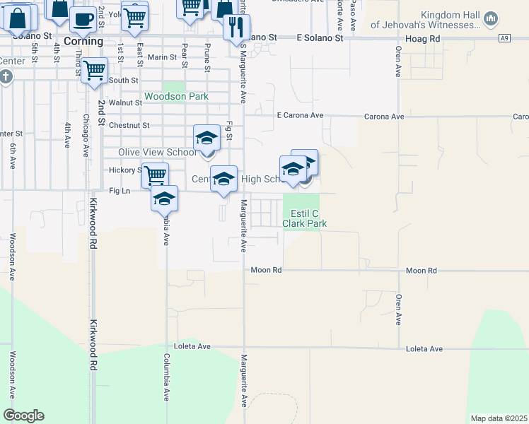 map of restaurants, bars, coffee shops, grocery stores, and more near 125 Mobile Drive in Corning