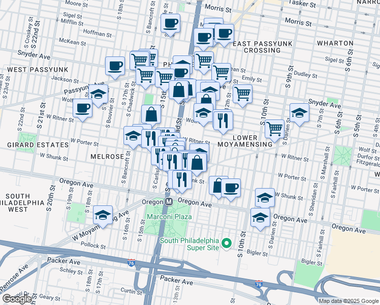 map of restaurants, bars, coffee shops, grocery stores, and more near 2435 South Juniper Street in Philadelphia