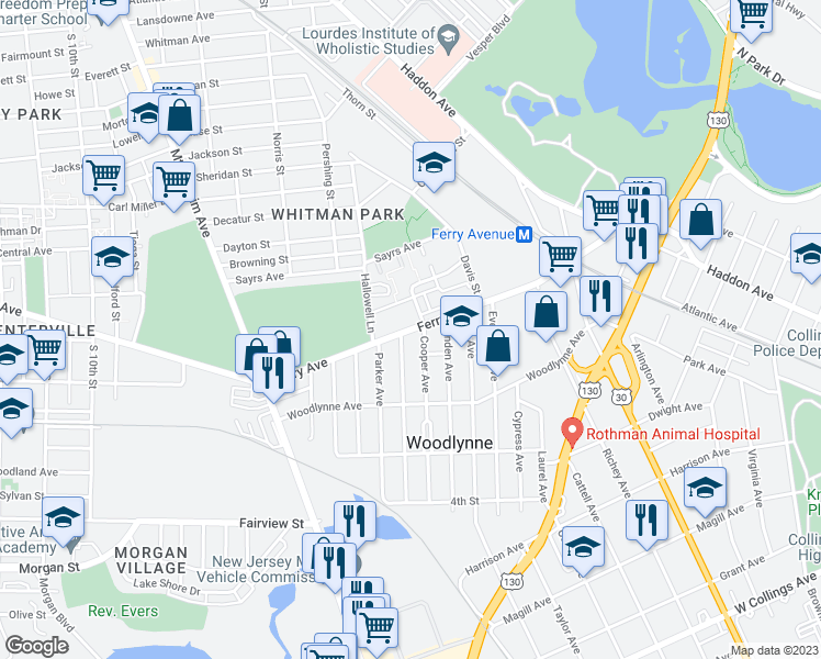 map of restaurants, bars, coffee shops, grocery stores, and more near 2015 Ferry Avenue in Camden
