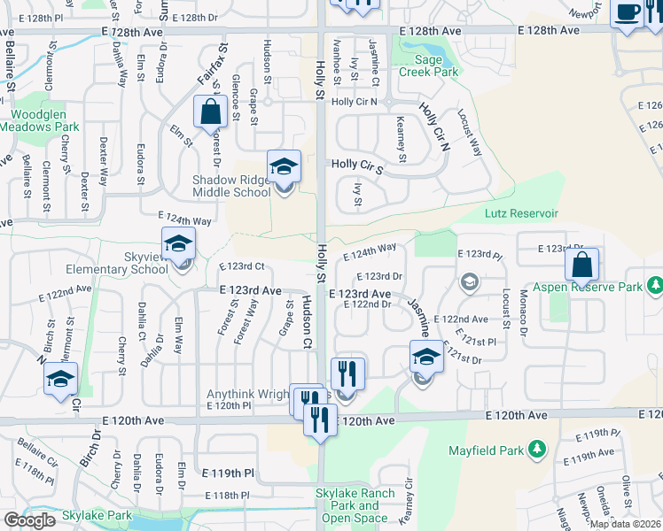 map of restaurants, bars, coffee shops, grocery stores, and more near 12351 Ivanhoe Street in Brighton