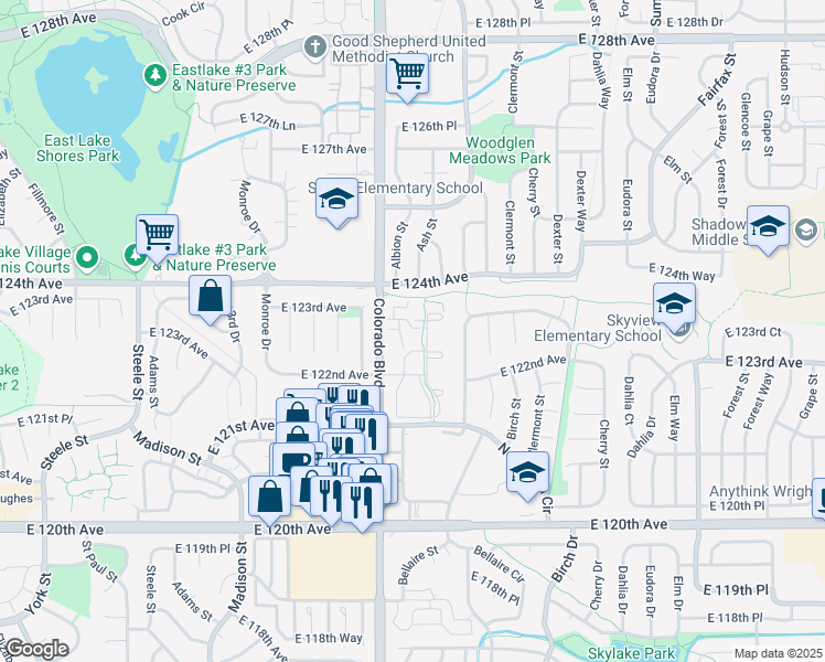 map of restaurants, bars, coffee shops, grocery stores, and more near 12282 Colorado Boulevard in Thornton