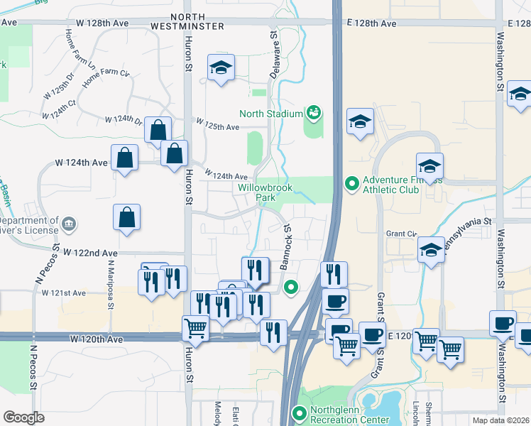 map of restaurants, bars, coffee shops, grocery stores, and more near 500 West 123rd Avenue in Westminster