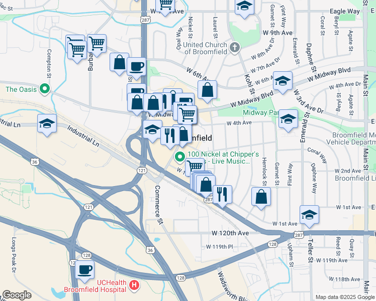 map of restaurants, bars, coffee shops, grocery stores, and more near 265 Marble Street in Broomfield