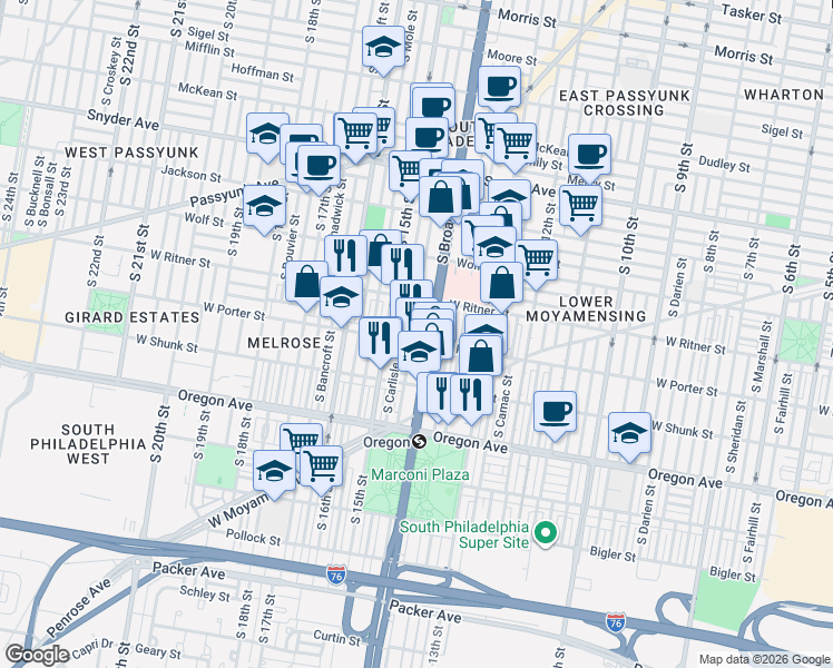 map of restaurants, bars, coffee shops, grocery stores, and more near 2407 South Broad Street in Philadelphia