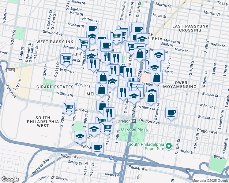 map of restaurants, bars, coffee shops, grocery stores, and more near in Philadelphia