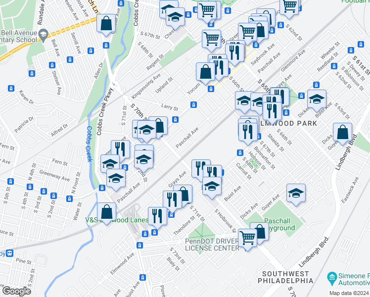 map of restaurants, bars, coffee shops, grocery stores, and more near 6921 Linmore Avenue in Philadelphia
