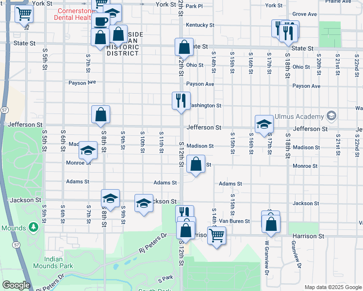 map of restaurants, bars, coffee shops, grocery stores, and more near 1200 Madison Street in Quincy