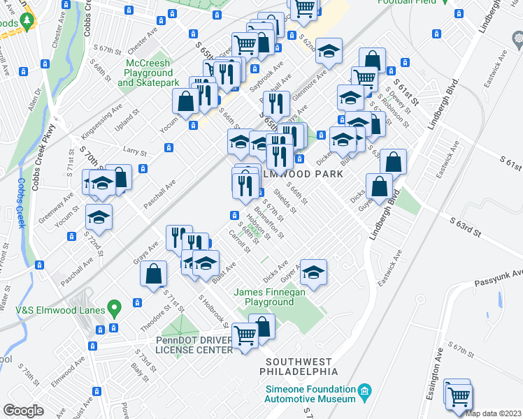 map of restaurants, bars, coffee shops, grocery stores, and more near 2521 Bonaffon Street in Philadelphia