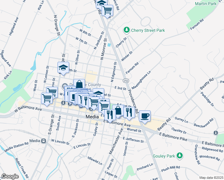 map of restaurants, bars, coffee shops, grocery stores, and more near 217 North Edgmont Street in Media