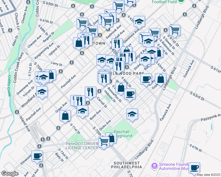 map of restaurants, bars, coffee shops, grocery stores, and more near 2521 Bonnaffon Street in Philadelphia
