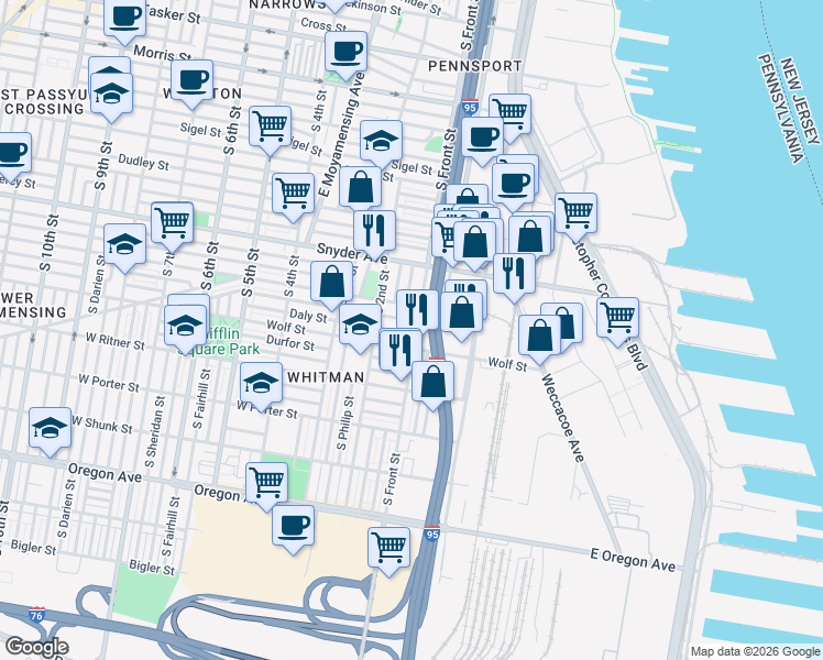 map of restaurants, bars, coffee shops, grocery stores, and more near 2235 South Front Street in Philadelphia