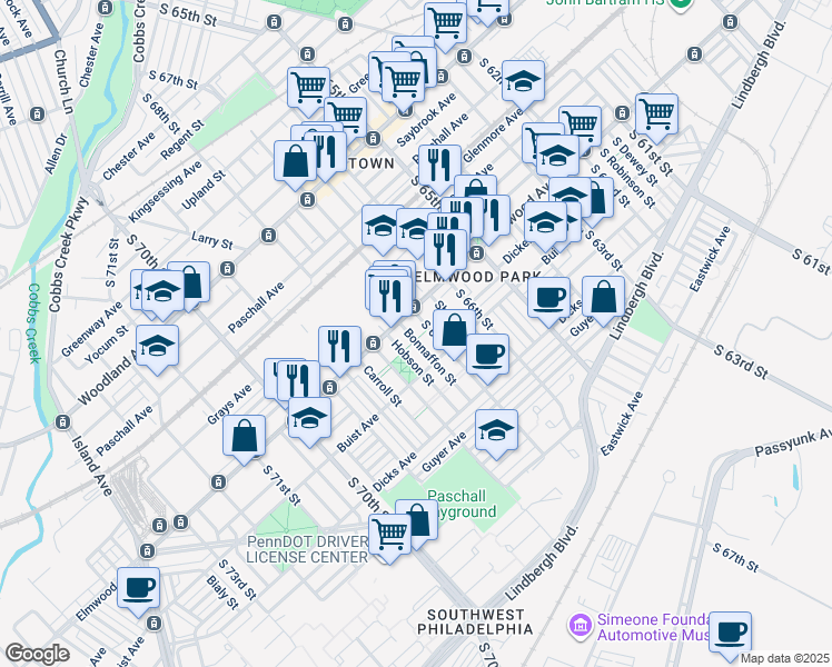 map of restaurants, bars, coffee shops, grocery stores, and more near 2521 Bonaffon Street in Philadelphia