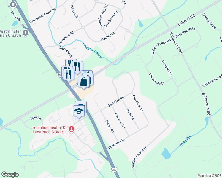 map of restaurants, bars, coffee shops, grocery stores, and more near 1239 Surrey Road in West Chester
