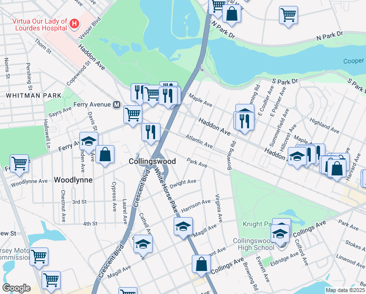map of restaurants, bars, coffee shops, grocery stores, and more near 100 West Narberth Terrace in Collingswood