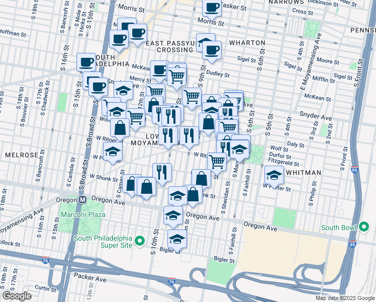 map of restaurants, bars, coffee shops, grocery stores, and more near 2401 South 9th Street in Philadelphia
