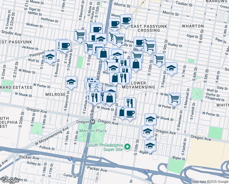 map of restaurants, bars, coffee shops, grocery stores, and more near 2424 South Iseminger Street in Philadelphia