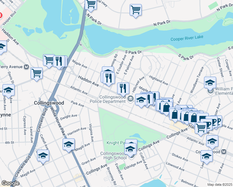 map of restaurants, bars, coffee shops, grocery stores, and more near Haddon Avenue & East Palmer Avenue in Collingswood