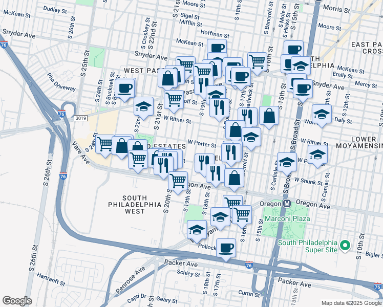 map of restaurants, bars, coffee shops, grocery stores, and more near 2520 South 19th Street in Philadelphia