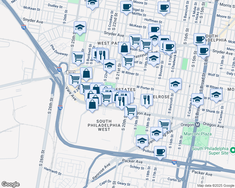 map of restaurants, bars, coffee shops, grocery stores, and more near 2016 West Shunk Street in Philadelphia