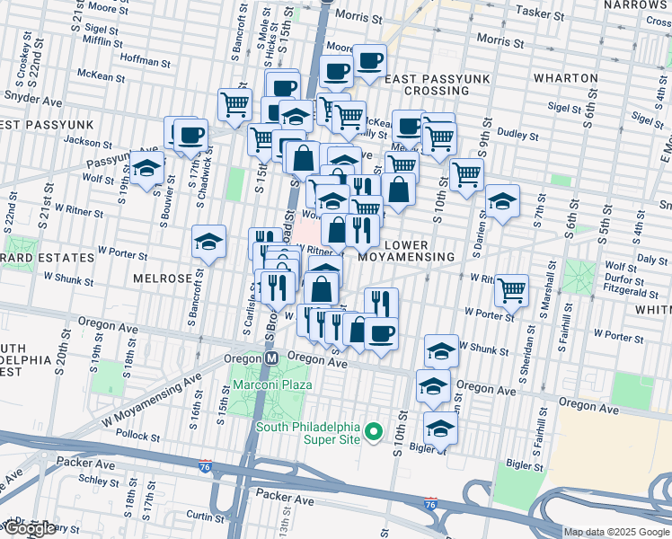 map of restaurants, bars, coffee shops, grocery stores, and more near 2422 South Iseminger Street in Philadelphia