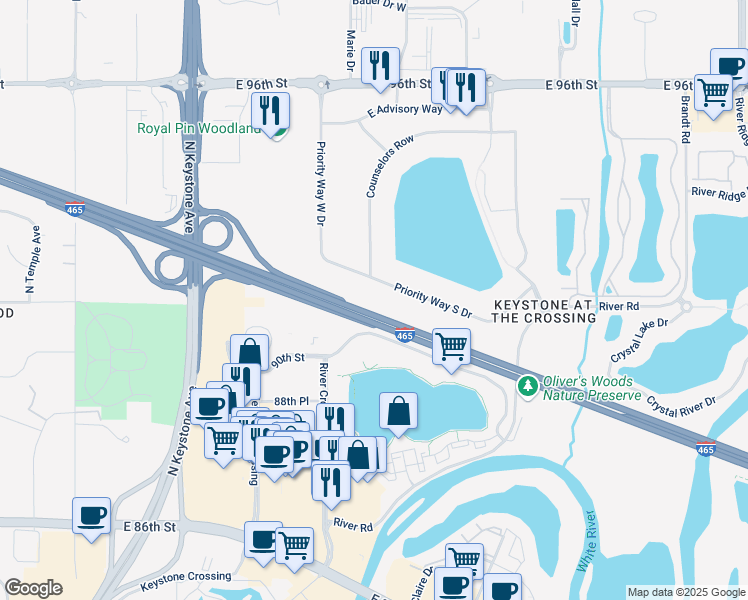 map of restaurants, bars, coffee shops, grocery stores, and more near 3665 Priority Way South Drive in Indianapolis