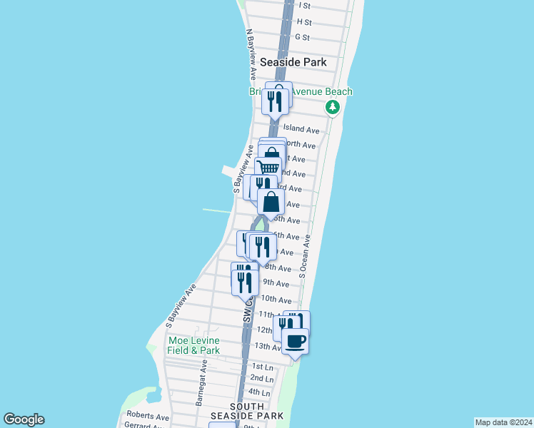 map of restaurants, bars, coffee shops, grocery stores, and more near 410 Southeast Central Avenue in Seaside Park