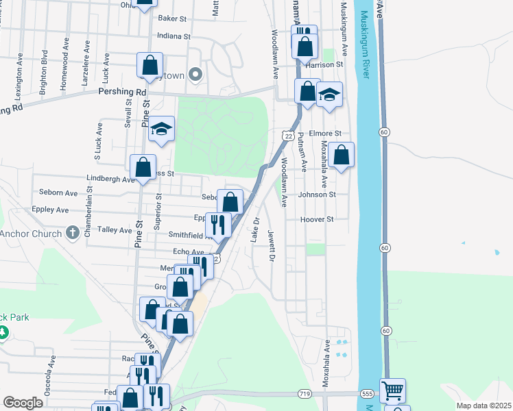 map of restaurants, bars, coffee shops, grocery stores, and more near 1207 Lake Drive in Zanesville