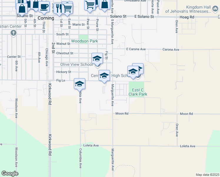 map of restaurants, bars, coffee shops, grocery stores, and more near 1666 Marguerite Avenue in Corning