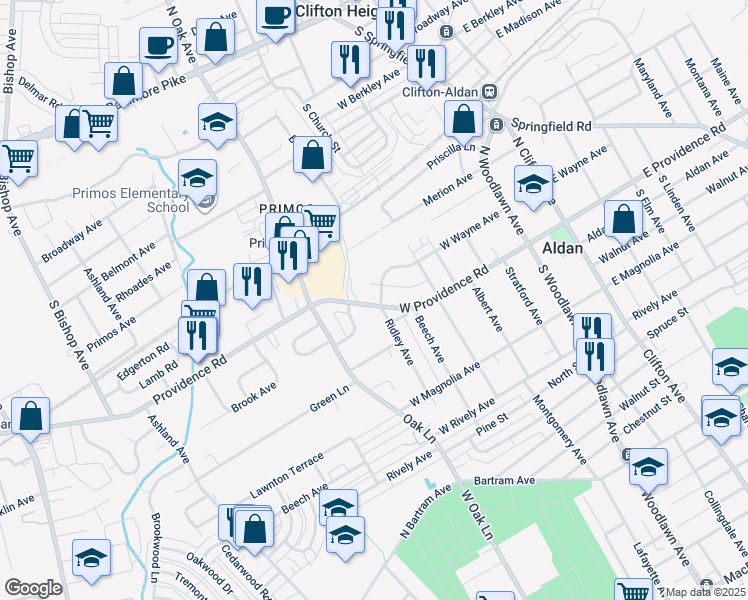 map of restaurants, bars, coffee shops, grocery stores, and more near 601 West Providence Road in Aldan