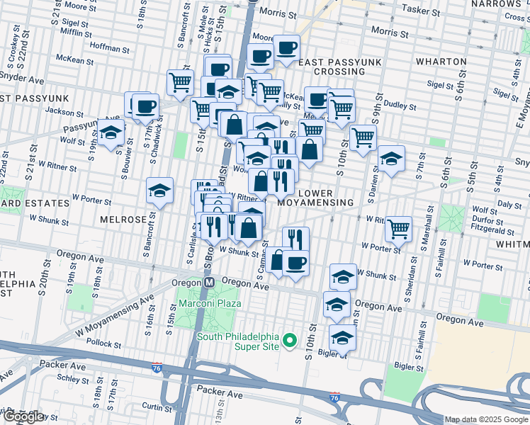 map of restaurants, bars, coffee shops, grocery stores, and more near 2419 South Iseminger Street in Philadelphia