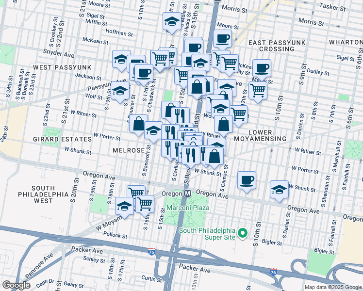 map of restaurants, bars, coffee shops, grocery stores, and more near 2443 South Carlisle Street in Philadelphia
