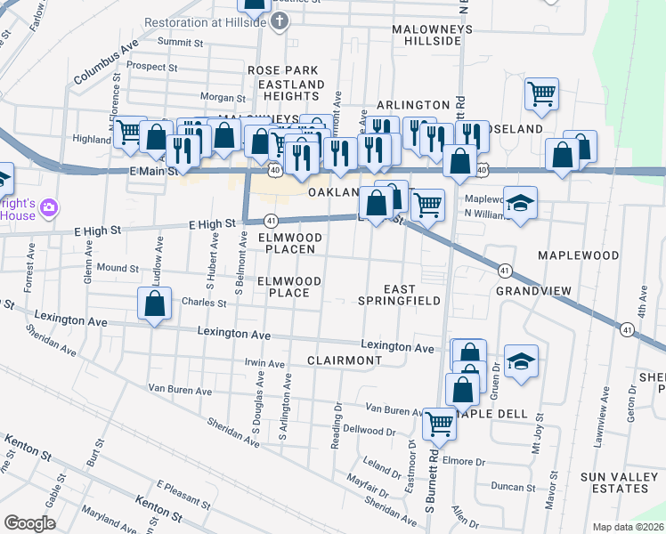 map of restaurants, bars, coffee shops, grocery stores, and more near 290 South Clairmont Avenue in Springfield