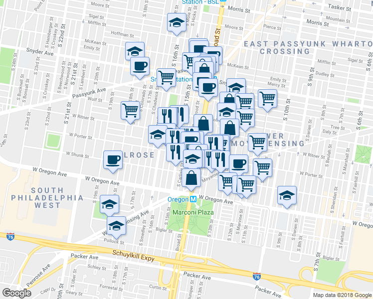map of restaurants, bars, coffee shops, grocery stores, and more near 2443 South Carlisle Street in Philadelphia