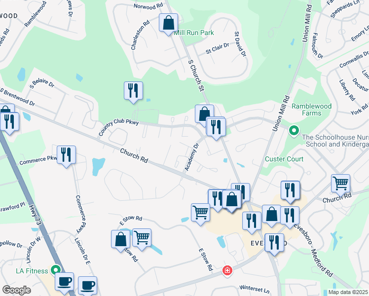 map of restaurants, bars, coffee shops, grocery stores, and more near 102B Mulberry Cove in Mount Laurel Township