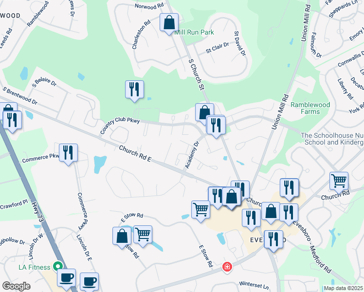 map of restaurants, bars, coffee shops, grocery stores, and more near 102B Mulberry Cove in Mount Laurel Township